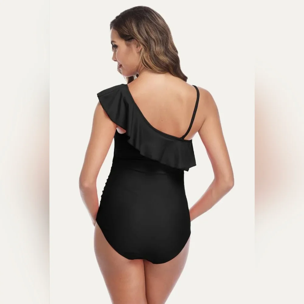 NWT Summer Mae Maternity Black One Piece Swimwear Ruffle One Shouder Size Med - Picture 2 of 7